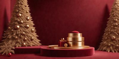 The primary subject of the image is a gold box with a red bow on top, placed on a red table. The setting is a red background, which creates a warm and festive atmosphere. The visual style is a combination of photo and digital art, giving the image a realistic yet artistic appearance. The colors and mood convey a sense of celebration and joy, as the gold box and red bow are often associated with gifts and special occasions.